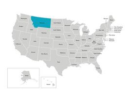 Vector isolated illustration of simplified administrative map of the USA. Borders of the states with names. Blue silhouette of Montana, state.