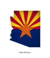 Vector isolated illustration with flag and simplified map of Arizona, State of USA. Volume shadow on the map. White background.
