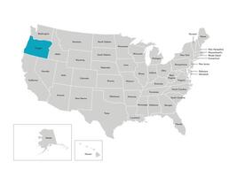 Vector isolated illustration of simplified administrative map of the USA. Borders of the states with names. Blue silhouette of Oregon, state.