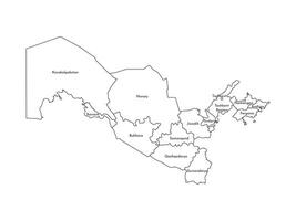 Vector isolated illustration of simplified administrative map of Uzbekistan. Borders and names of the regions. Black line silhouettes.