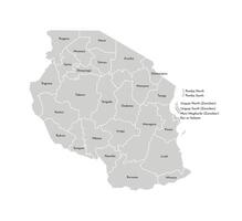 Vector isolated illustration of simplified administrative map of Tanzania. Borders and names of the regions. Grey silhouettes. White outline.