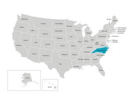 Vector isolated illustration of simplified administrative map of the USA. Borders of the states with names. Blue silhouette of North Carolina, state.