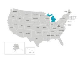 Vector isolated illustration of simplified administrative map of the USA. Borders of the states with names. Blue silhouette of Michigan, state.