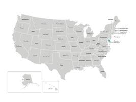 Vector isolated illustration of simplified administrative map of the USA. Borders of the states with names. Blue silhouette of Delaware, state.