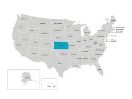 vector aislado ilustración de simplificado administrativo mapa de el EE.UU. fronteras de el estados con nombres azul silueta de Kansas, estado.