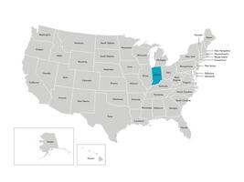 Vector isolated illustration of simplified administrative map of the USA. Borders of the states with names. Blue silhouette of Indiana, state.