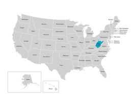 Vector isolated illustration of simplified administrative map of the USA. Borders of the states with names. Blue silhouette of West Virginia, state.