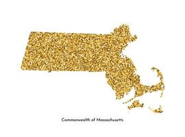 Vector isolated illustration with simplified map of Commonwealth of Massachusetts, USA. Shiny gold glitter texture. Decoration template.