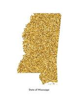 Vector isolated illustration with simplified map of State of Mississippi, USA. Shiny gold glitter texture. Decoration template.
