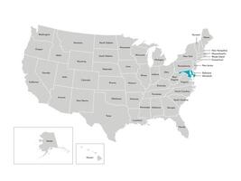 Vector isolated illustration of simplified administrative map of the USA. Borders of the states with names. Blue silhouette of Maryland, state.