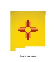 Vector isolated illustration with flag and simplified map of New Mexico, State of USA. Volume shadow on the map. White background