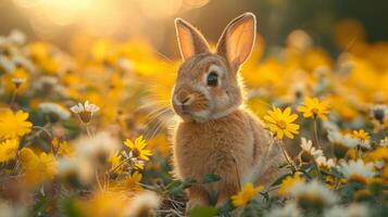 ai generado linda marrón Pascua de Resurrección conejito en un jardín con amarillo antecedentes foto