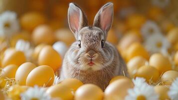 AI generated Cute Easter bunny surrounded by eggs. Easter celebration photo