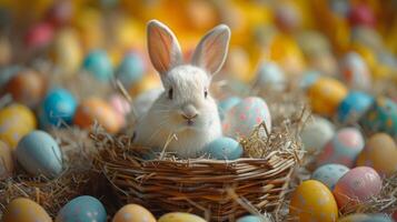 AI generated Cute white Easter bunny inside a basket surrounded by multicolored egg. Easter celebration photo