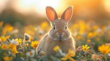 ai generado linda Pascua de Resurrección conejito en un jardín foto