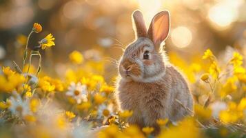 ai generado linda Pascua de Resurrección conejito en un jardín con amarillo antecedentes. foto