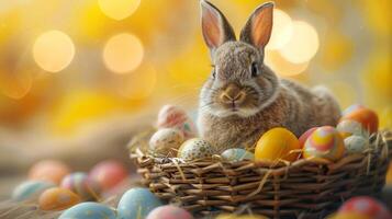 AI generated Cute white Easter bunny inside a basket surrounded by multicolored egg. Easter celebration concept photo