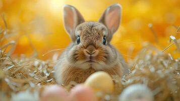 AI generated Cute Easter bunny surrounded by colorful Easter eggs. Easter celebration photo