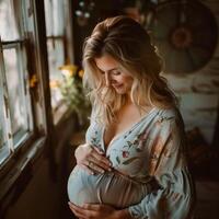 AI generated A pregnant woman gently touching her belly, capturing a moment of connection and anticipation. Generative AI. photo