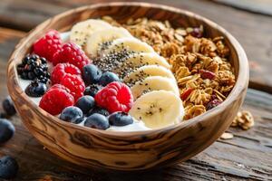 AI generated A vibrant and nutritious bowl of superfoods, featuring fresh berries, banana, granola, chia seeds, and yogurt. Generative AI. photo