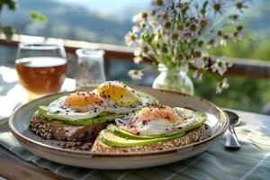 ai generado un conjunto de escalfado huevos en aguacate brindis con un lado de té en un soleado balcón. generativo ai. foto