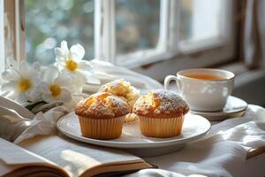 ai generado Mañana escena por el ventana de un par de recién espolvoreado magdalenas, un taza de té y un libro. generativo ai. foto