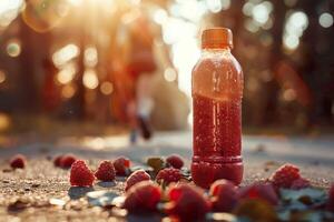 AI generated Scene of a water bottle and fresh berries laid out on the ground, capturing the essence of a runner's refreshing break during a golden hour jog. Generative AI. photo