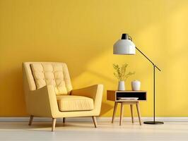 AI generated Yellow sofa against yellow wall and lamp photo