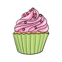 Cute cupcake with pink cream. Hand drawn style. Capcake with decoration. vector