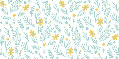 Seamless repeat pattern with flowers and leaves in blue and yellow on white background. vector