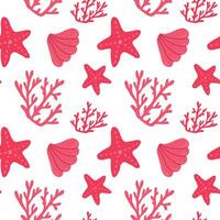 Hand-Drawn Sea Shells, Starfish, Corals Vector Seamless Pattern.