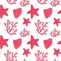 Hand-Drawn Sea Shells, Starfish, Corals Vector Seamless Pattern.