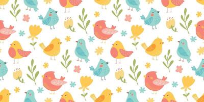 Textile design featuring colorful birds and flowers on a white background vector