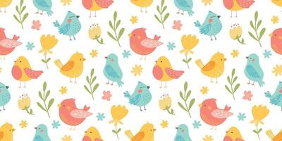 Textile design featuring colorful birds and flowers on a white background vector