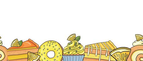 Horizontal Seamless Border Pattern with Lemon Cake, Donut, Roll and Cupcake. vector