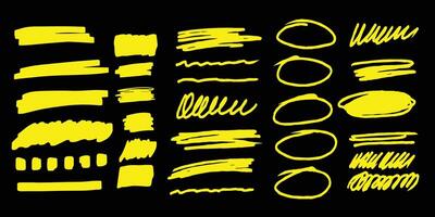 Marker highlighters underline round, punctuation marks, tick marks and sketch. Highlighters, hand drawn underline. Neon yellow. vector