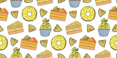 Seamless pattern with lemons desserts. vector