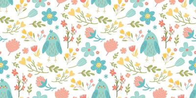 Seamless pattern bird and flower isolated on white background. vector