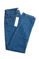 azul pantalones pantalones y precio etiqueta aislado en blanco fondo, Bosquejo, Copiar espacio foto