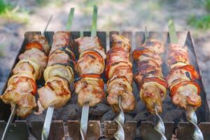 Grilled pieces of meat on skewers, shish kebab with vegetables, cooking process on brazier photo