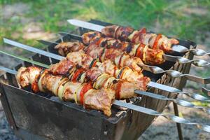 A la parrilla piezas de carne en brochetas, shish brocheta con verduras, Cocinando proceso en brasero foto