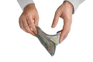 Man hands with dollar cash isolated on white background photo