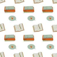 Seamless pattern with books and speech bubble in flat style. Love reading and education concept. Cute background. Hand drawn vector illustration for paper, fabric, scrapbook.