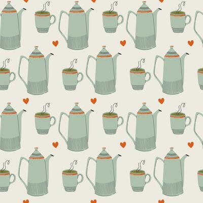 Seamless pattern with ceramic kitchen utensils and hot drink. Cute retro style background. Hand drawn vector illustration for coffee shop, cafe, and restaurant.