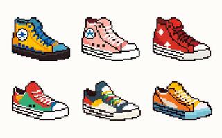 Sports shoes in pixel art style. Different colored sneakers icons in 8 bit style. Pixel graphic symbols group collection. For game interface, mobile app element, web. vector