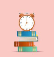 Red alarm clock and pile of books vector