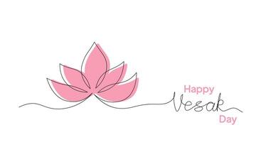 Vector illustration of a one line drawing of lotus and Vesak handwritten text. Greeting card Happy Vesak Day