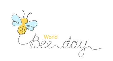 Vector illustration of a one line drawing of bee and World Bee Day handwritten text