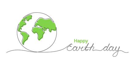 Vector illustration of a one line drawing of planet Earth and Happy Earth Day handwritten text
