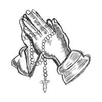 Praying hands holding rosary beads sketch design vector